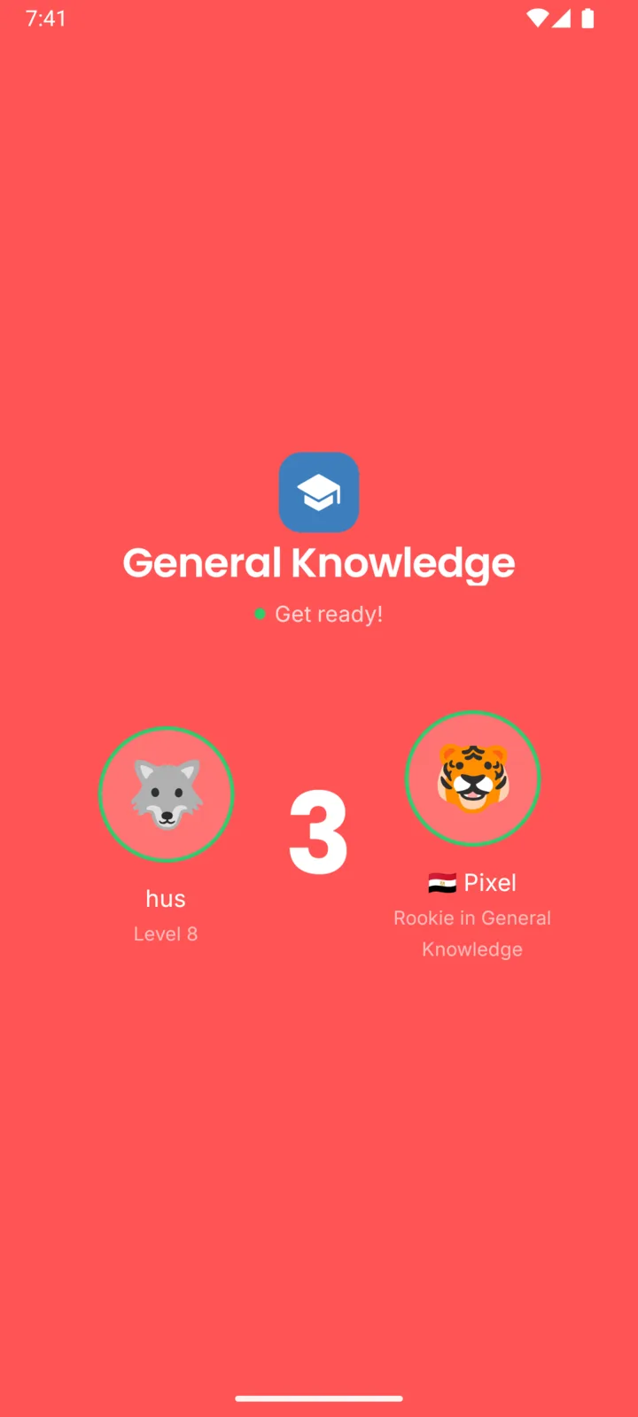 Quizion match start screen: two player avatars facing off in General Knowledge as a countdown reaches three