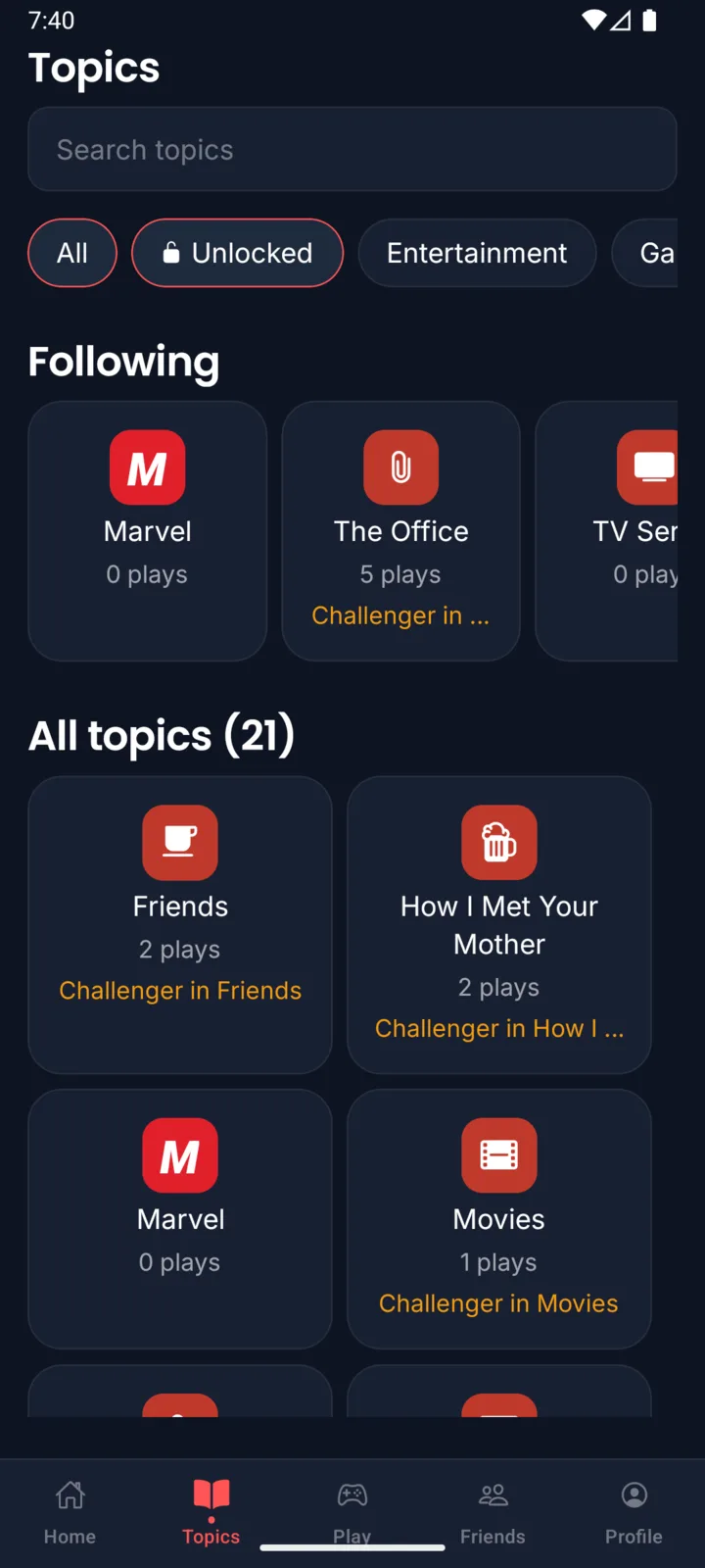 The Quizion topics screen showing followed topics like Marvel and The Office, plus the full topic list